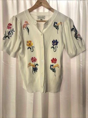Free Assembly Embroidered Cardigan Sweater with Short Sleeves Cream
